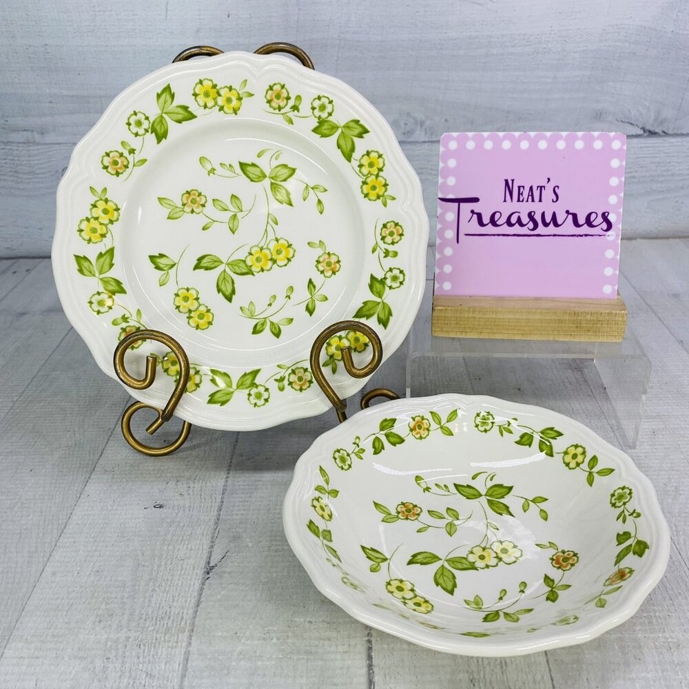 70's Sears PETITE FLORAL 4009 Yellow Orange Flower Ironstone Salad Plate & Bowl